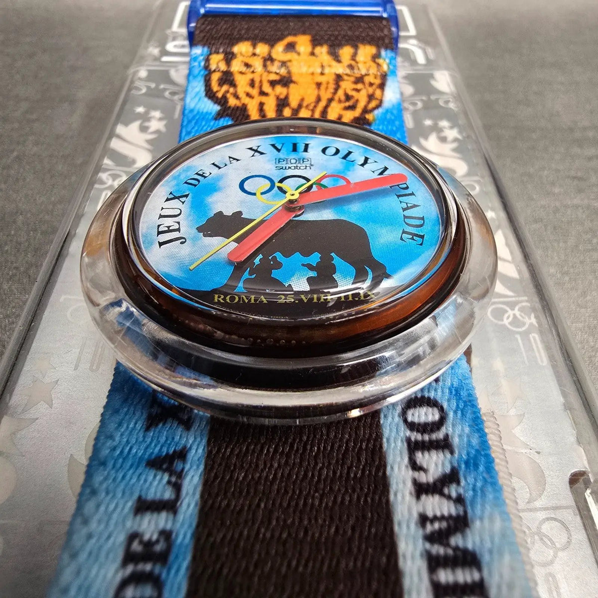 Swatch Pop Roma 1960 Watch Men 40mm Blue Dial Brown Case PMZ101 New Battery NOS5