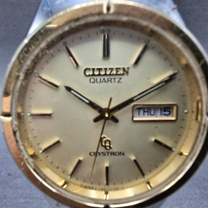Citizen CQ Crystron Watch Men 37mm Champagne Dial Two Tone Daydate 4-732570 PART2