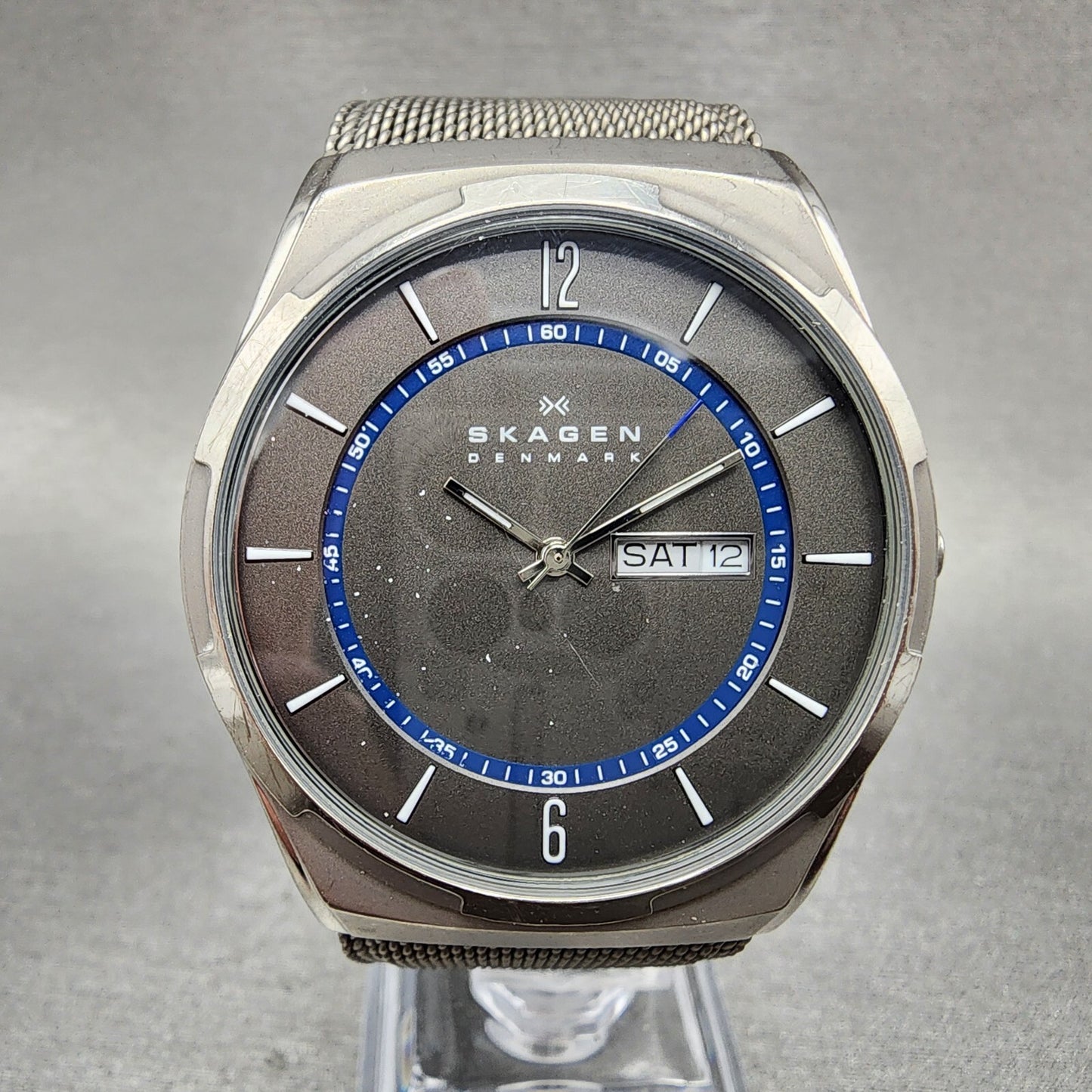 Skagen Melbye Watch Men 40mm Gray Dial Titanium Daydate Round New Batt READ!!!!0