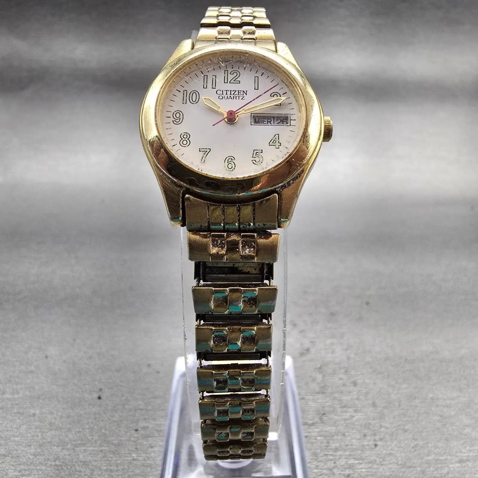 Citizen Watch Women 25mm White Dial Gold Tone Daydate Round 1002-S99442 New Batt5
