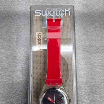 Swatch MoMA Red Watch Men 34mm Silver Dial Clear Case GZ406D New Battery NOS3