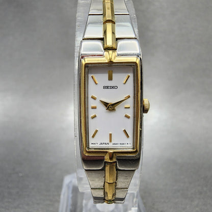 Seiko Tank Watch Women 13mm White Dial two Tone Rectangle 2E200AY0 New Battery0