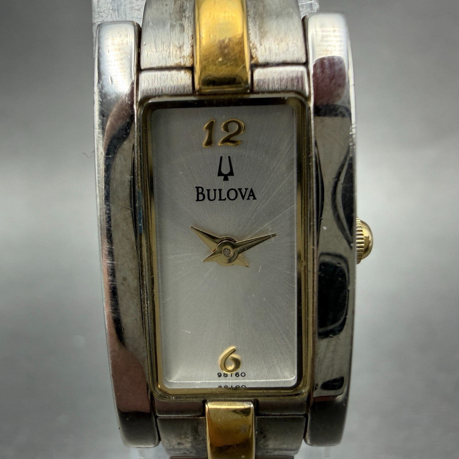 Bulova Tank Watch Women 14mm Silver Dial Two Tone Rectangle 98T60 New Battery1