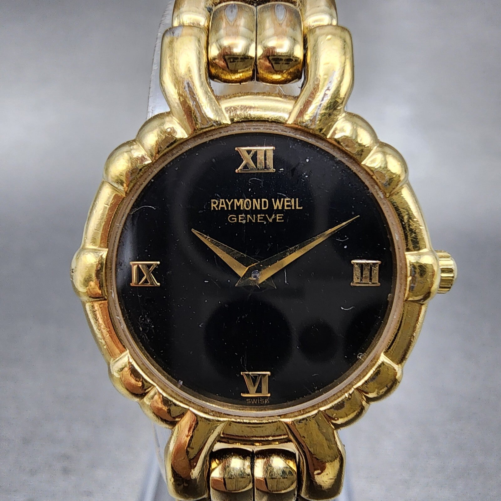 Raymond Weil Watch Women 24mm Black Dial Gold Plated Round 3747 New Battery1