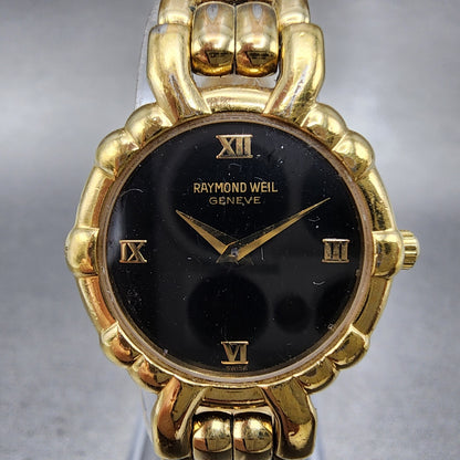 Raymond Weil Watch Women 24mm Black Dial Gold Plated Round 3747 New Battery1