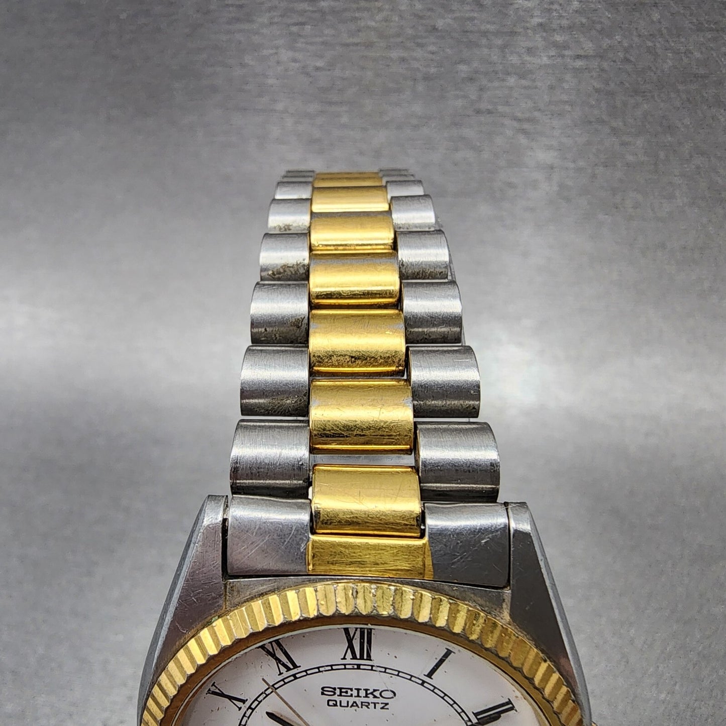 Seiko SQ President Watch Men 36mm White Dial Two Tone Daydate Round New Battery