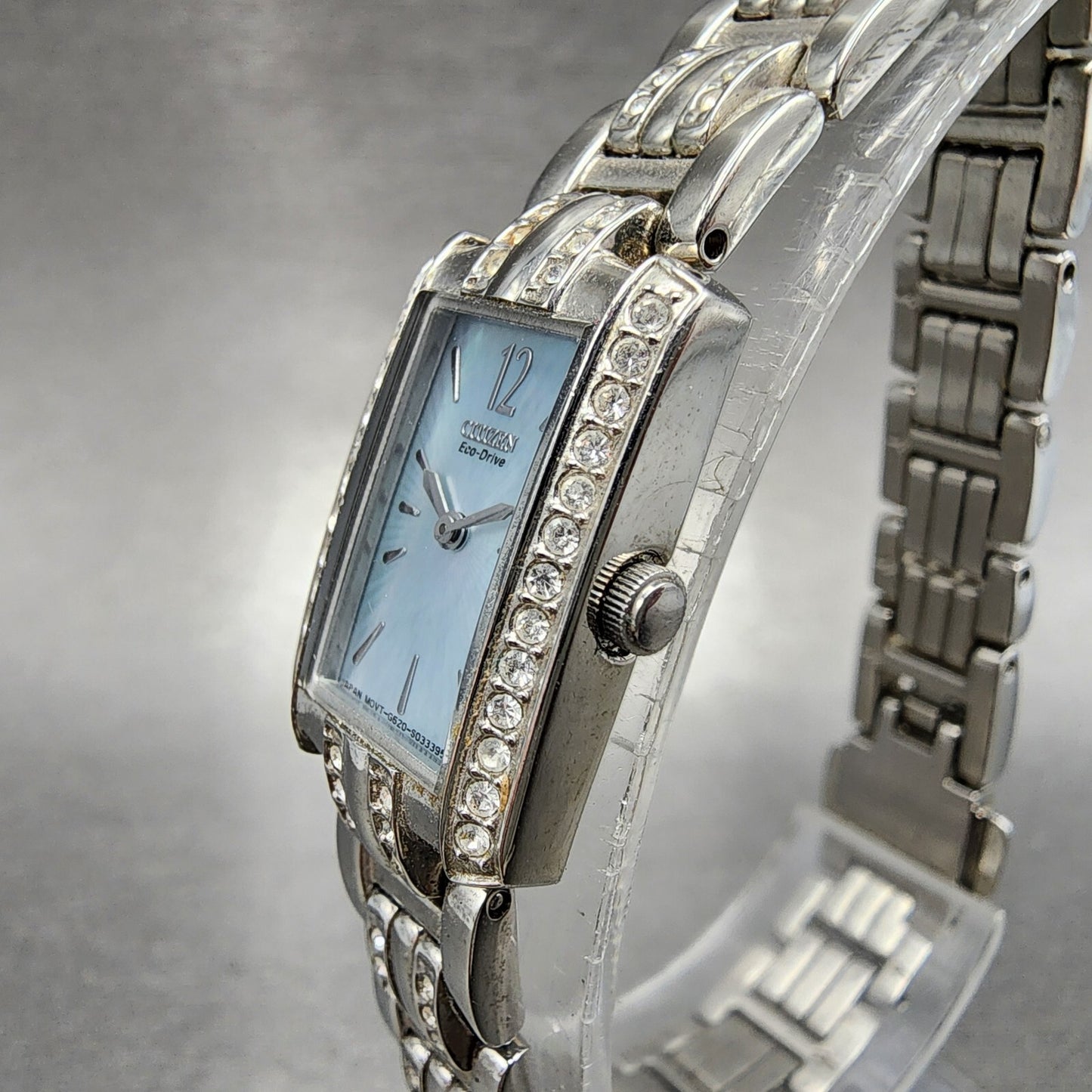Citizen EcoDrive Tank Watch Women 15mm MOP Dial Steel Crystal Bezel Runs2