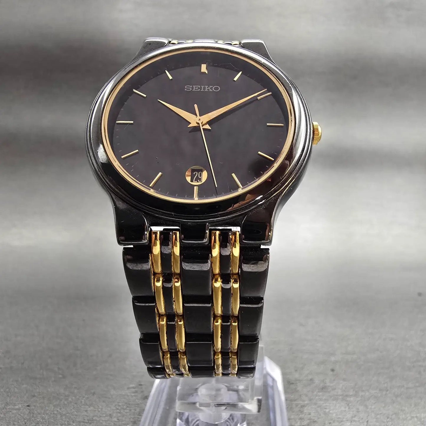 Seiko Watch Men 34mm Black Dial Black &Gold Date Round 7N22-7041 New Battery VTG5