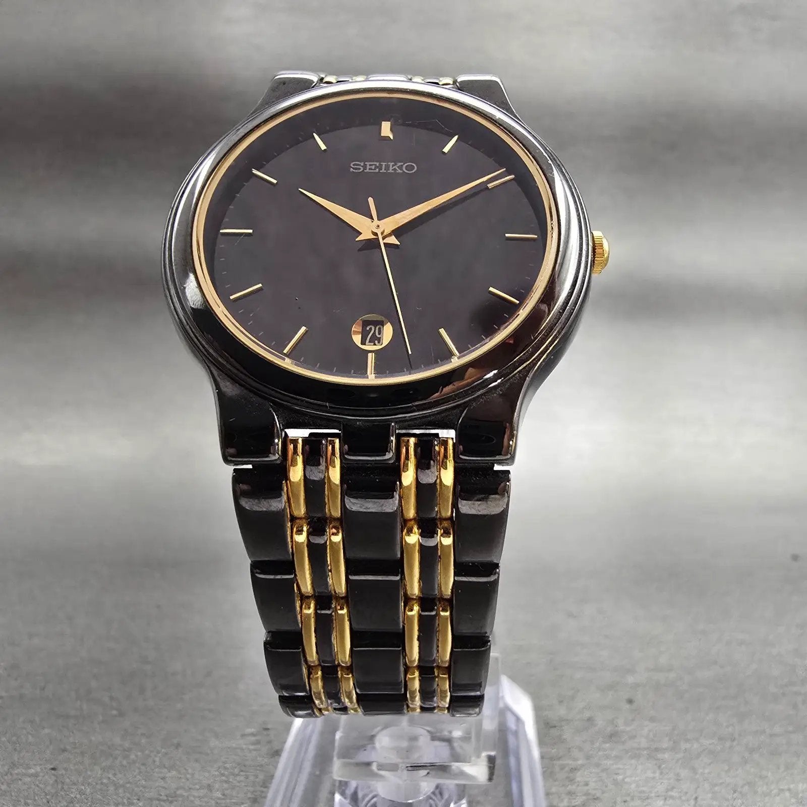 Seiko Watch Men 34mm Black Dial Black &Gold Date Round 7N22-7041 New Battery VTG5