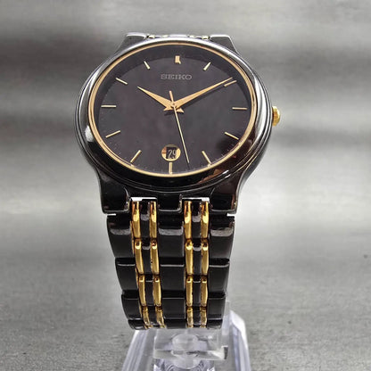 Seiko Watch Men 34mm Black Dial Black &Gold Date Round 7N22-7041 New Battery VTG5