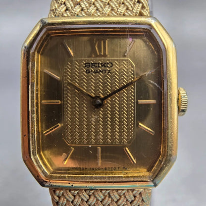 Seiko Watch Women 17mm Gold Dial Gold Tone Rectangle 1400-8089 New Battery VTG1