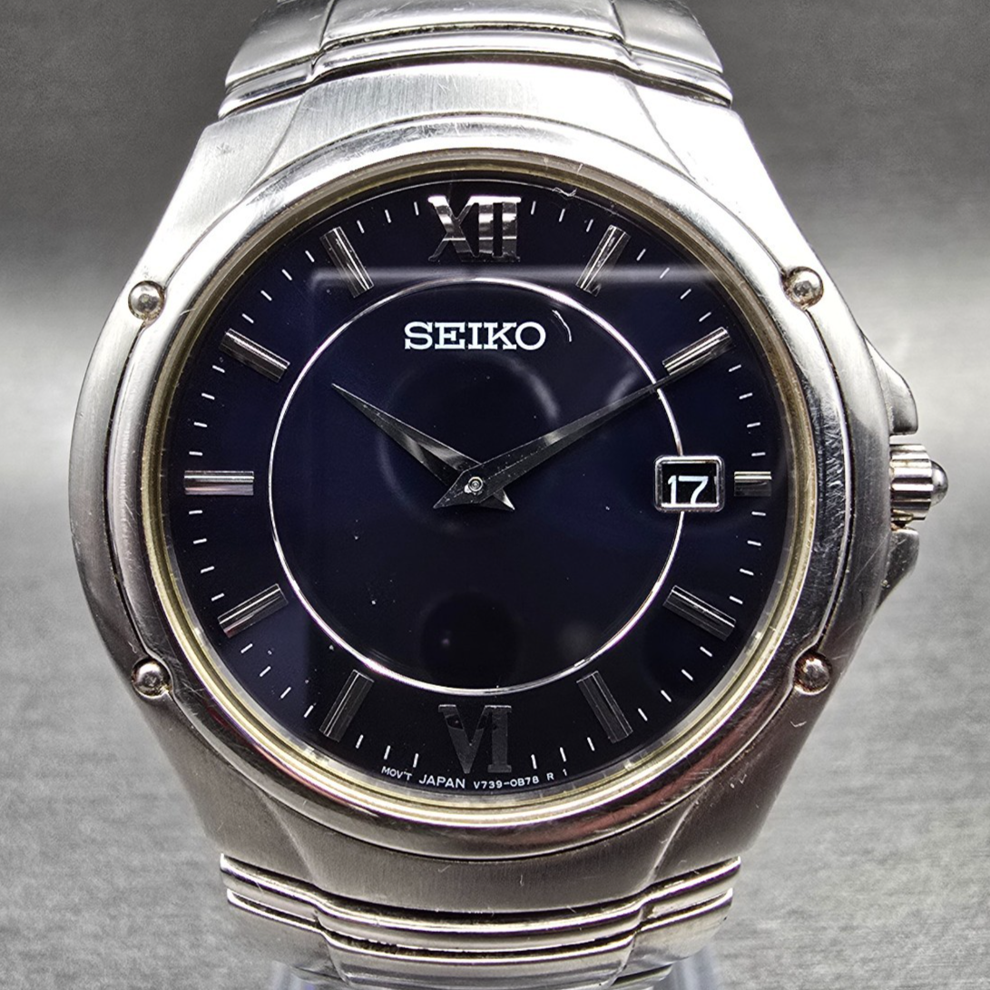 Seiko Watch Men 35mm Blue Dial Silver Tone Date Round V739-0B30 New Battery JP1