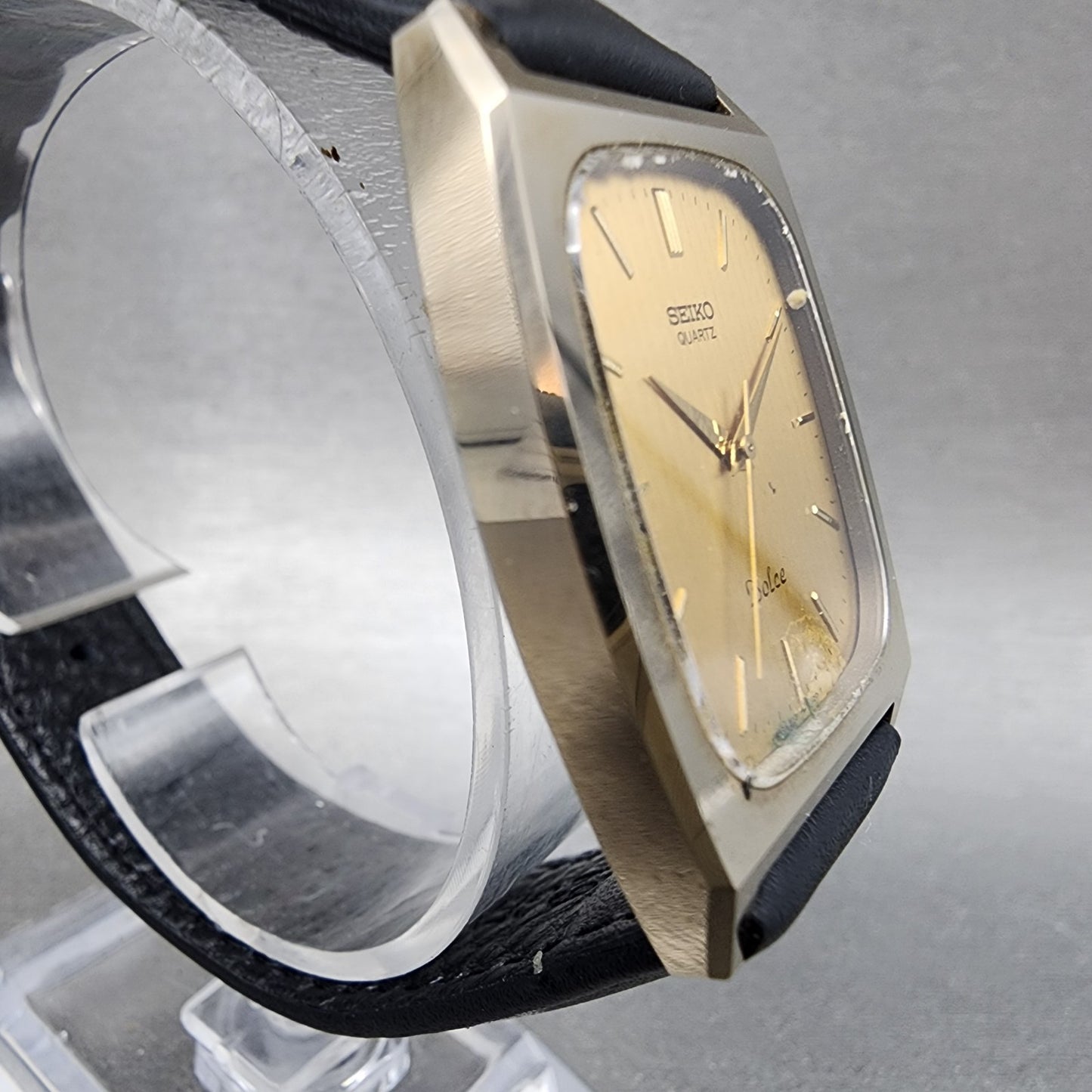Seiko Dolce Tank Watch Men 30mm Gold Dial Gold Tone Rectangle 59315341 New Batt3