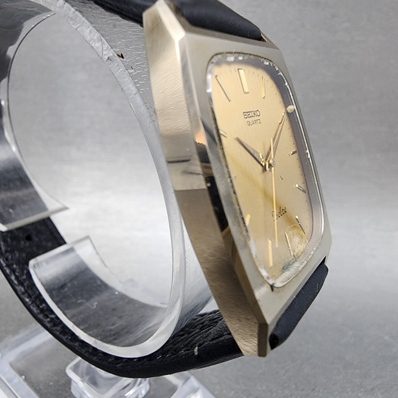 Seiko Dolce Tank Watch Men 30mm Gold Dial Gold Tone Rectangle 59315341 New Batt3