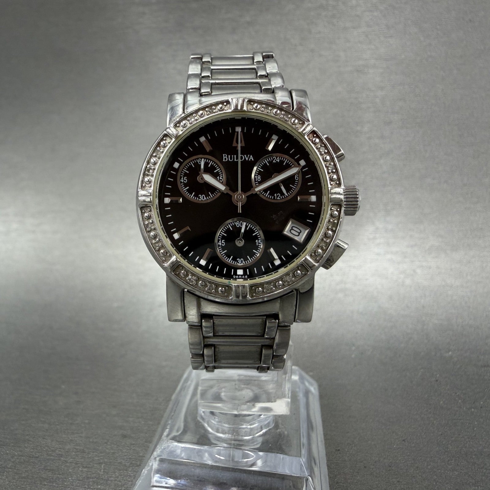 Bulova Chronograph Watch Women 30mm Black Dial Silver Tone 96R44 New Battery5