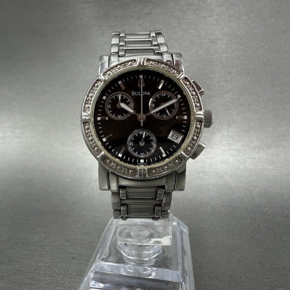 Bulova Chronograph Watch Women 30mm Black Dial Silver Tone 96R44 New Battery5