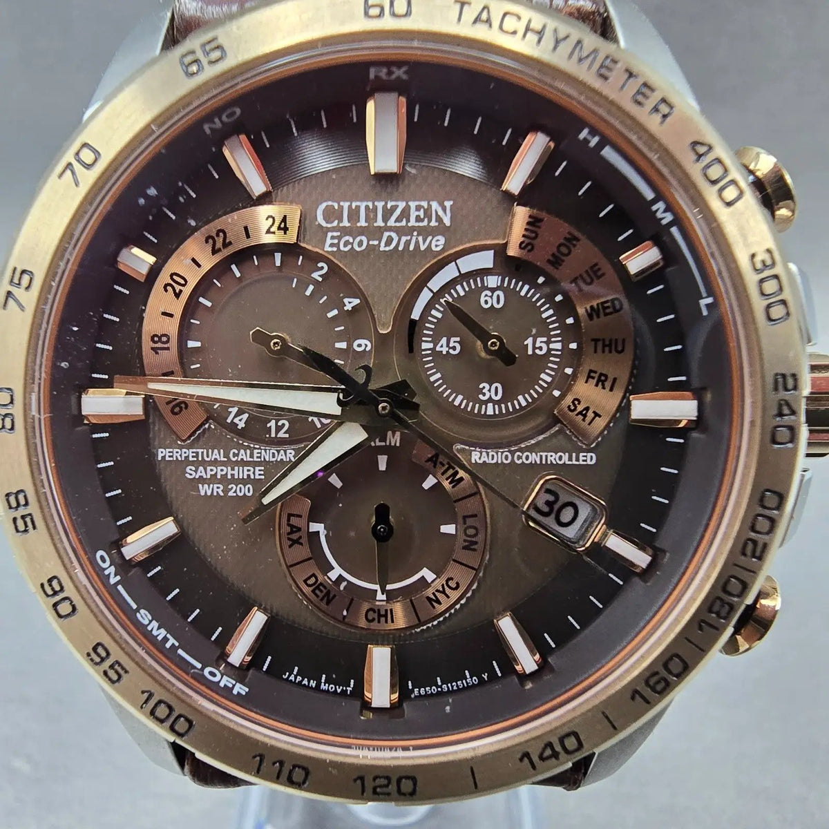 Citizen Eco-Drive Chronograph Watch Men 42mm Brown Dial Two Tone Date AT4006-06X1