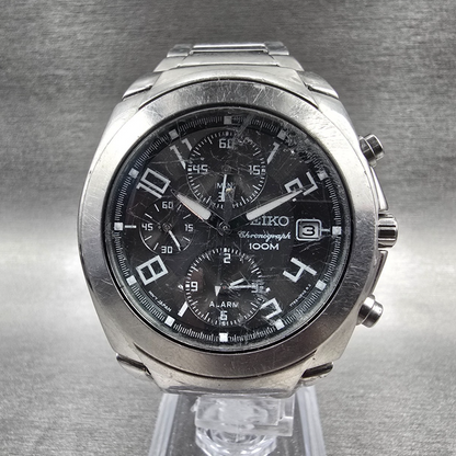 Seiko Chronograph Watch Men 38mm Black Dial Silver Tone Alarm 7T62-0EE0 New Batt0