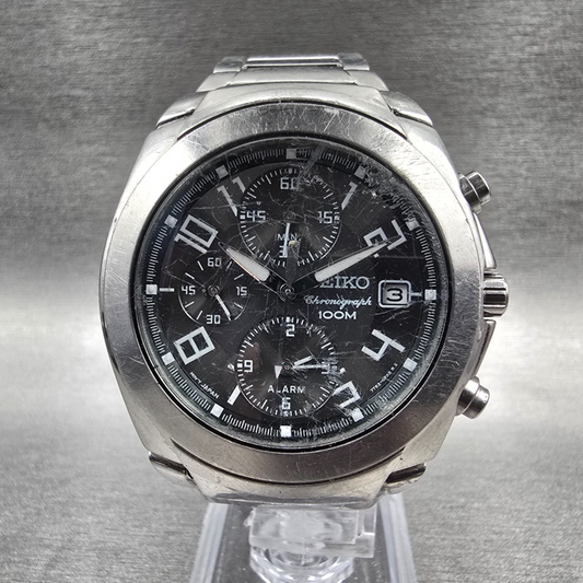 Seiko Chronograph Watch Men 38mm Black Dial Silver Tone Alarm 7T62-0EE0 New Batt0