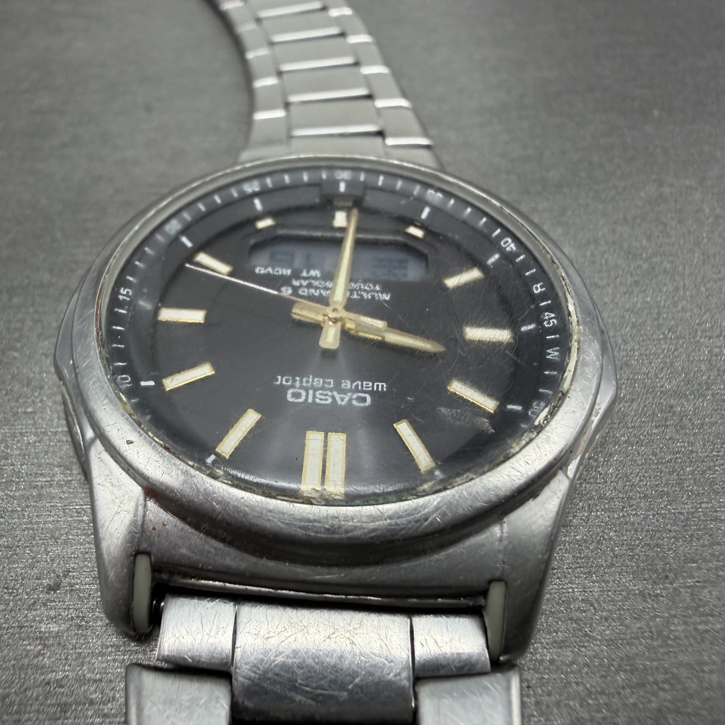 Casio Wave Ceptor  Watch Men 42mm Black Dial Steel Analog Digital Solar READ!!!!4