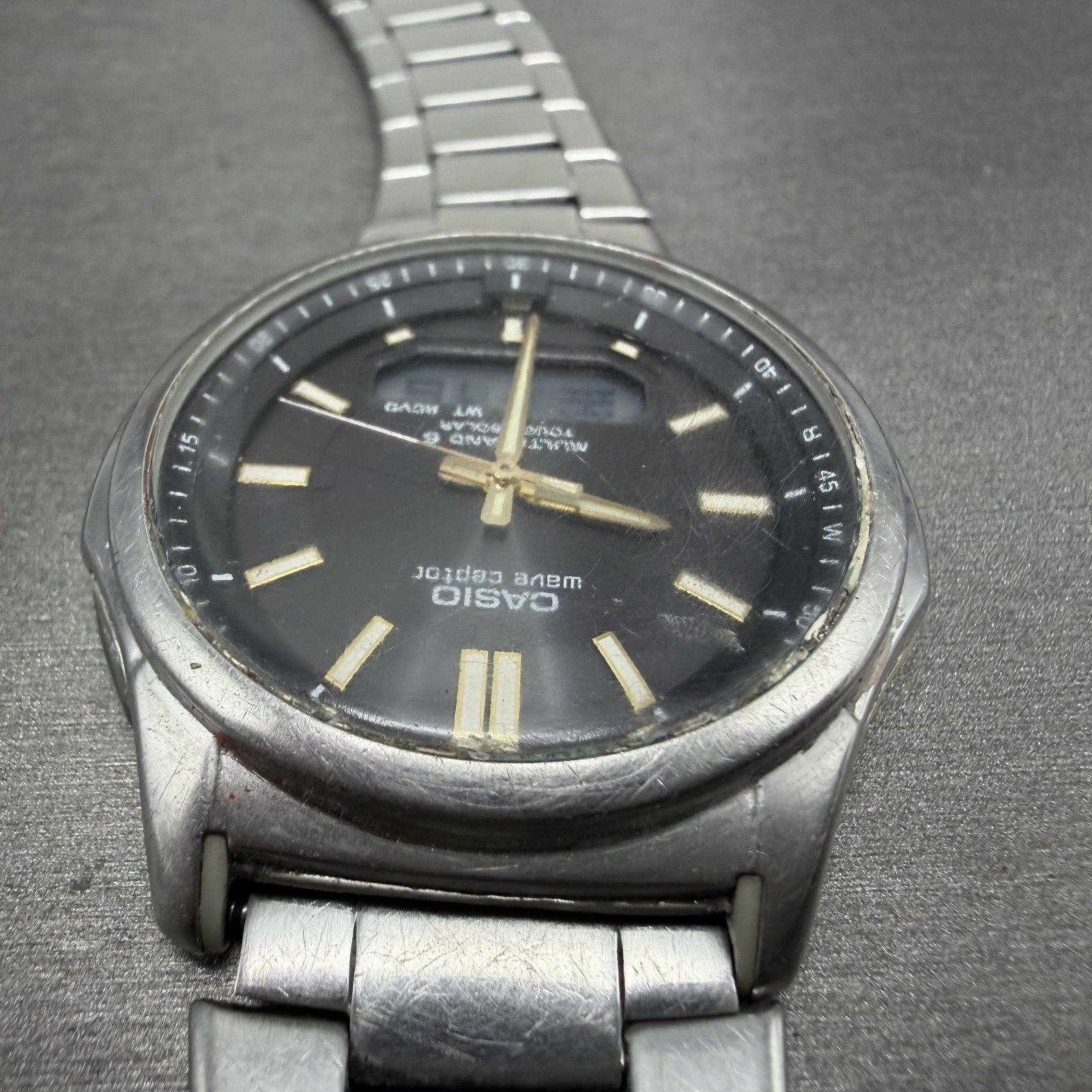 Casio Wave Ceptor  Watch Men 42mm Black Dial Steel Analog Digital Solar READ!!!!4