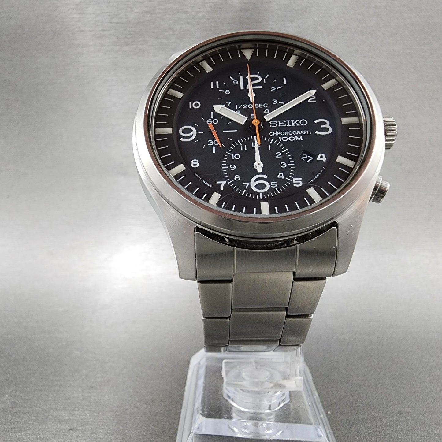 Seiko Chronograph Watch Men 43mm Black Dial Silver Tone Date 7T920JS0 New Batt5