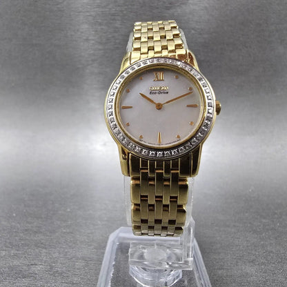 Citizen Eco-Drive Stiletto Watch Women 23mm MOP Dial Gold Diamonds Works5