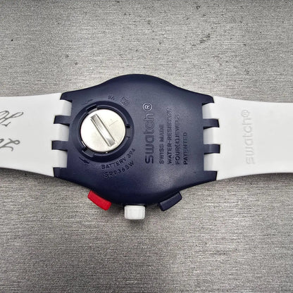 Swatch Free & Brave Chronograph Watch Men White Dial Blue Date SUSZ401 New Batt110