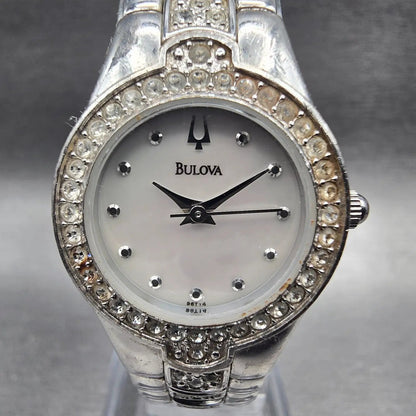 Bulova Watch Women 22mm MOP Dial Silver Tone Crystal Bezel 96T14 New Battery1