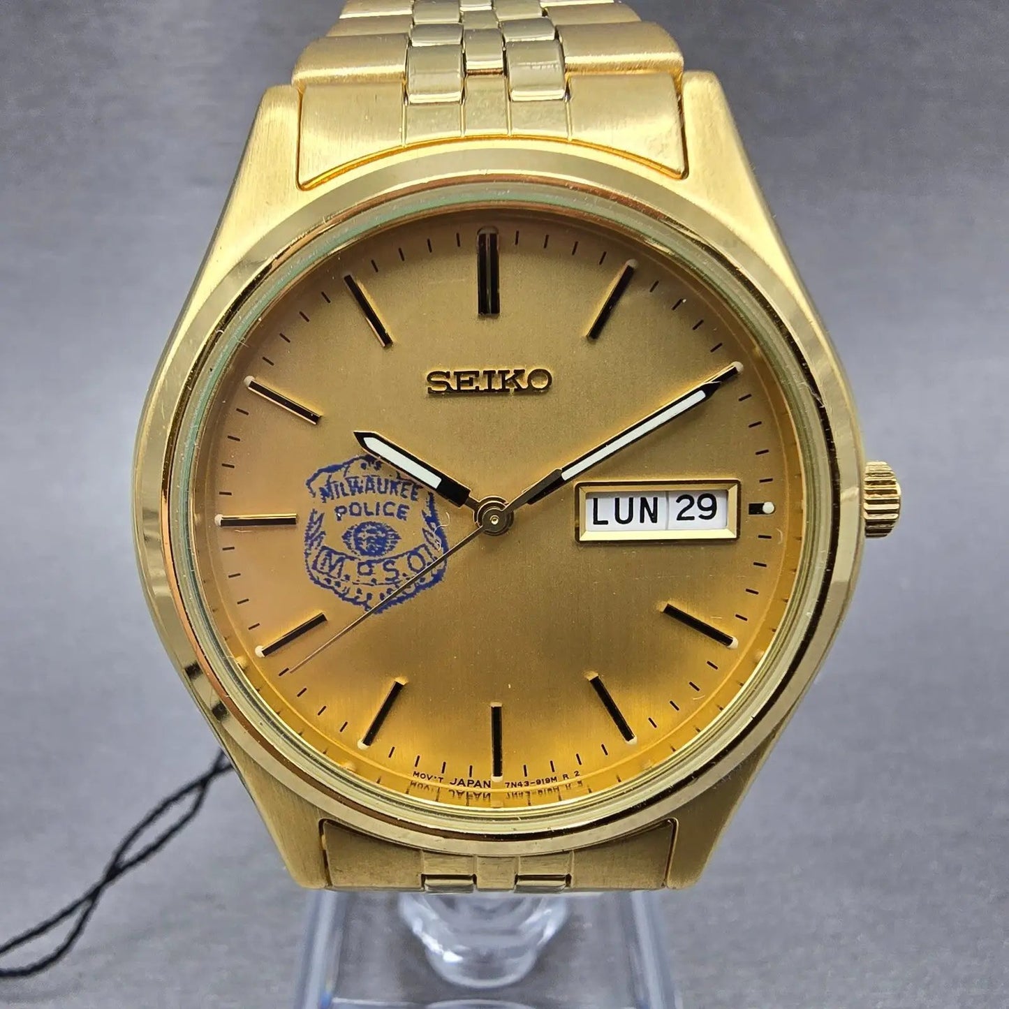 Seiko Watch Men 37mm Champagne Dial Gold Tone Daydate 7N43-9048 New Battery0