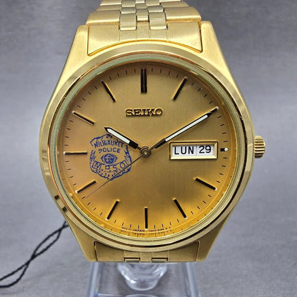 Seiko Watch Men 37mm Champagne Dial Gold Tone Daydate 7N43-9048 New Battery0