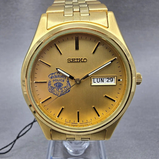 Seiko Watch Men 37mm Champagne Dial Gold Tone Daydate 7N43-9048 New Battery0