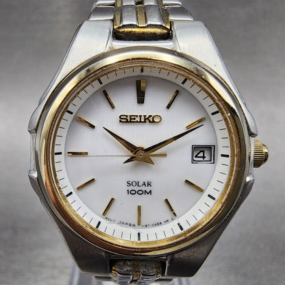 Seiko Solar Watch Women 28mm White Dial Two Tone Daydate Round V1870AC0 Runs1