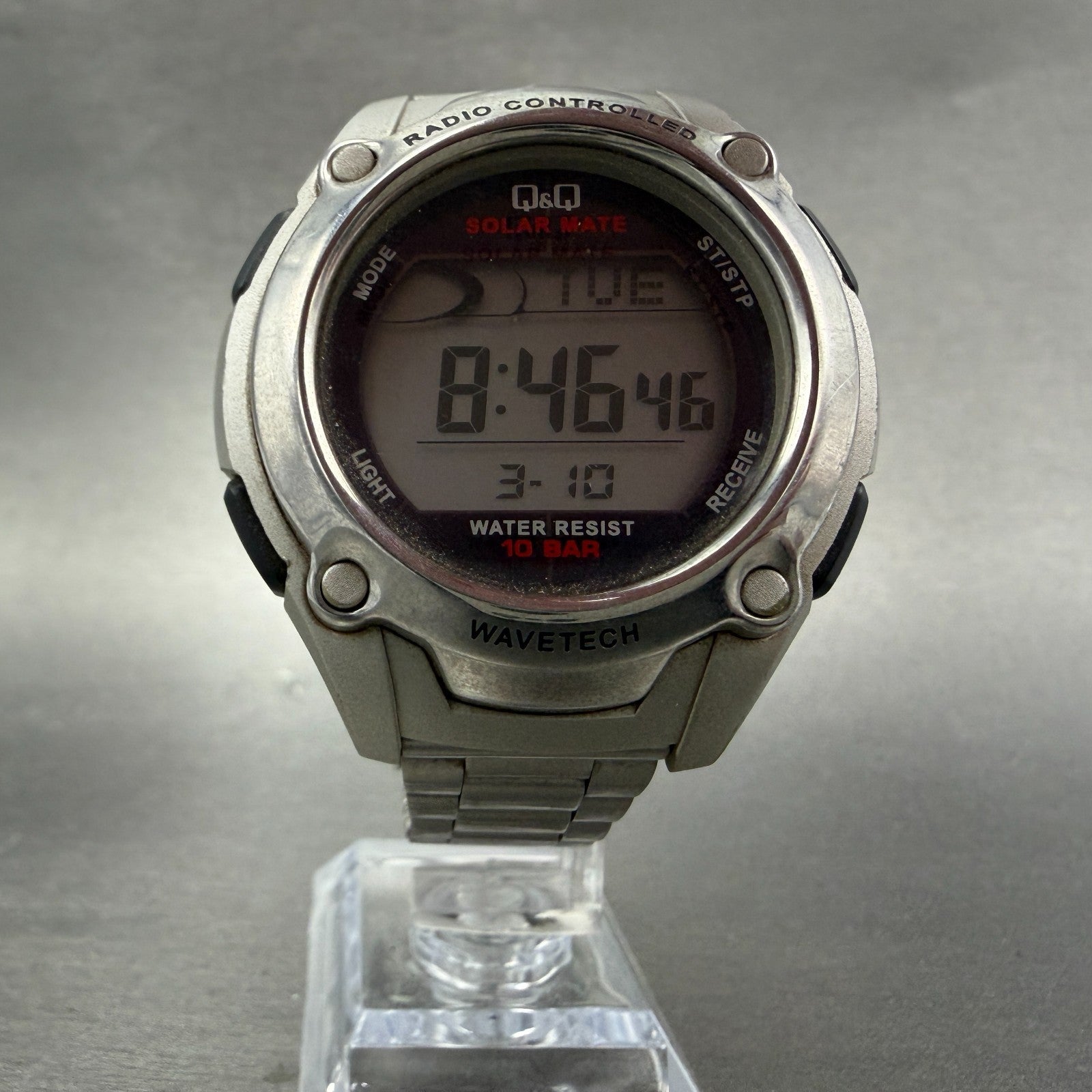 Citizen Q&Q Digital Watch Men 44mm LCD Silver Tone Alarm Chronograph Works Solar6