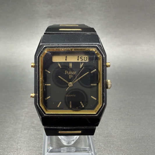 Pulsar Analog Digital Watch Men 30mm Black Dial Black Gold Chrono READ!!! V0310