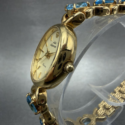 Jules Jurgenson Watch Women 19mm Cream Dial Gold Tone Oval Blue Topaz New Batt2