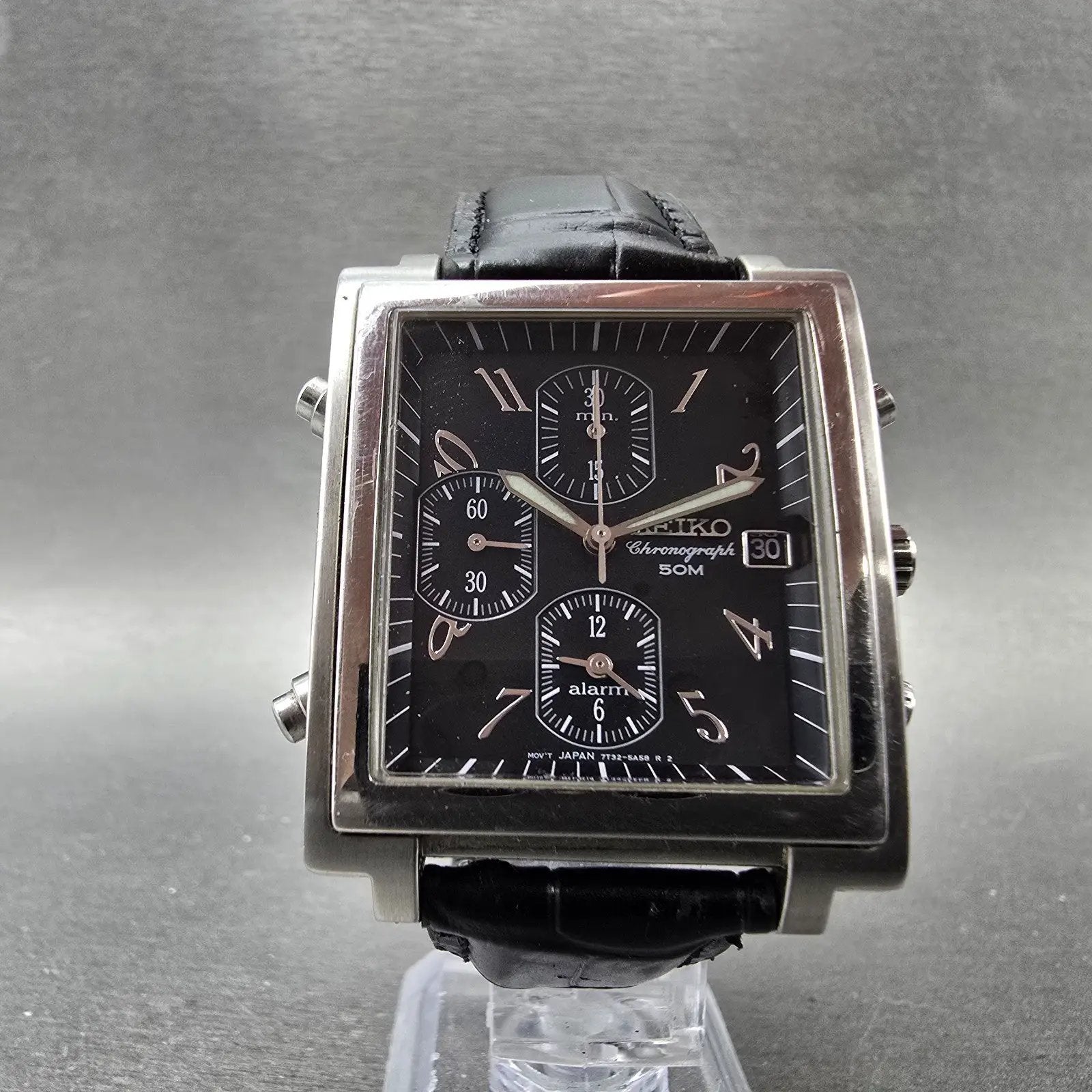 Seiko Tank Chronograph Watch Men 34mm Black Dial Silver Tone 7T32-5A70 New Batt5
