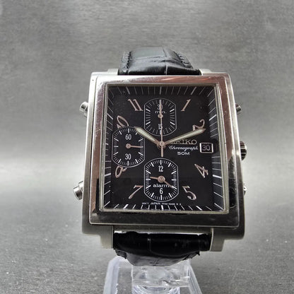 Seiko Tank Chronograph Watch Men 34mm Black Dial Silver Tone 7T32-5A70 New Batt5