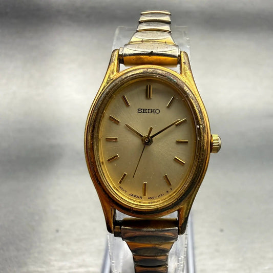Seiko Watch Women 20mm Champagne Dial Gold Tone Oval 4N01-5060 New Battery VTG0