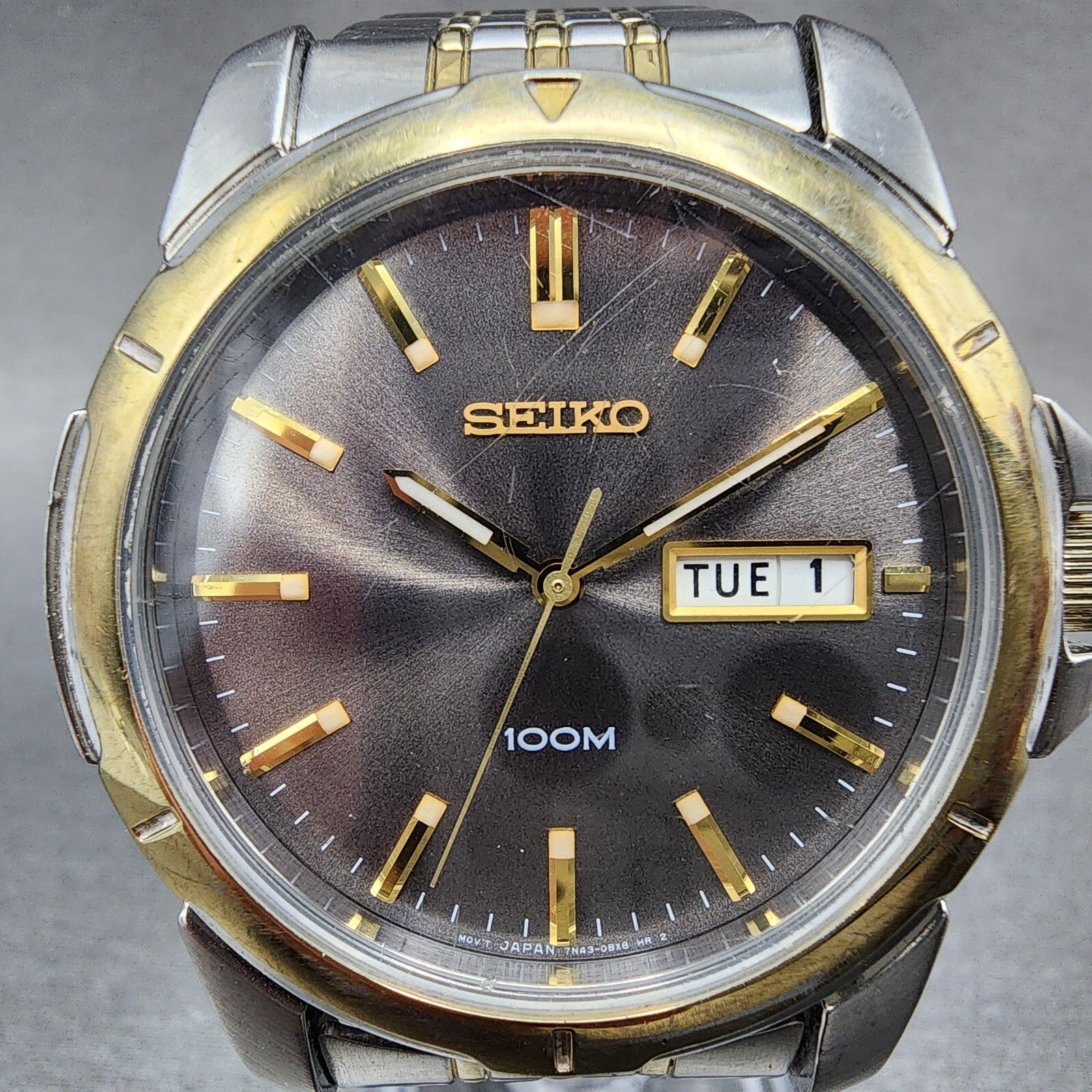 Seiko Watch Men 39mm Black Dial Two Tone Round Daydate 7n430az0 New Batttery1