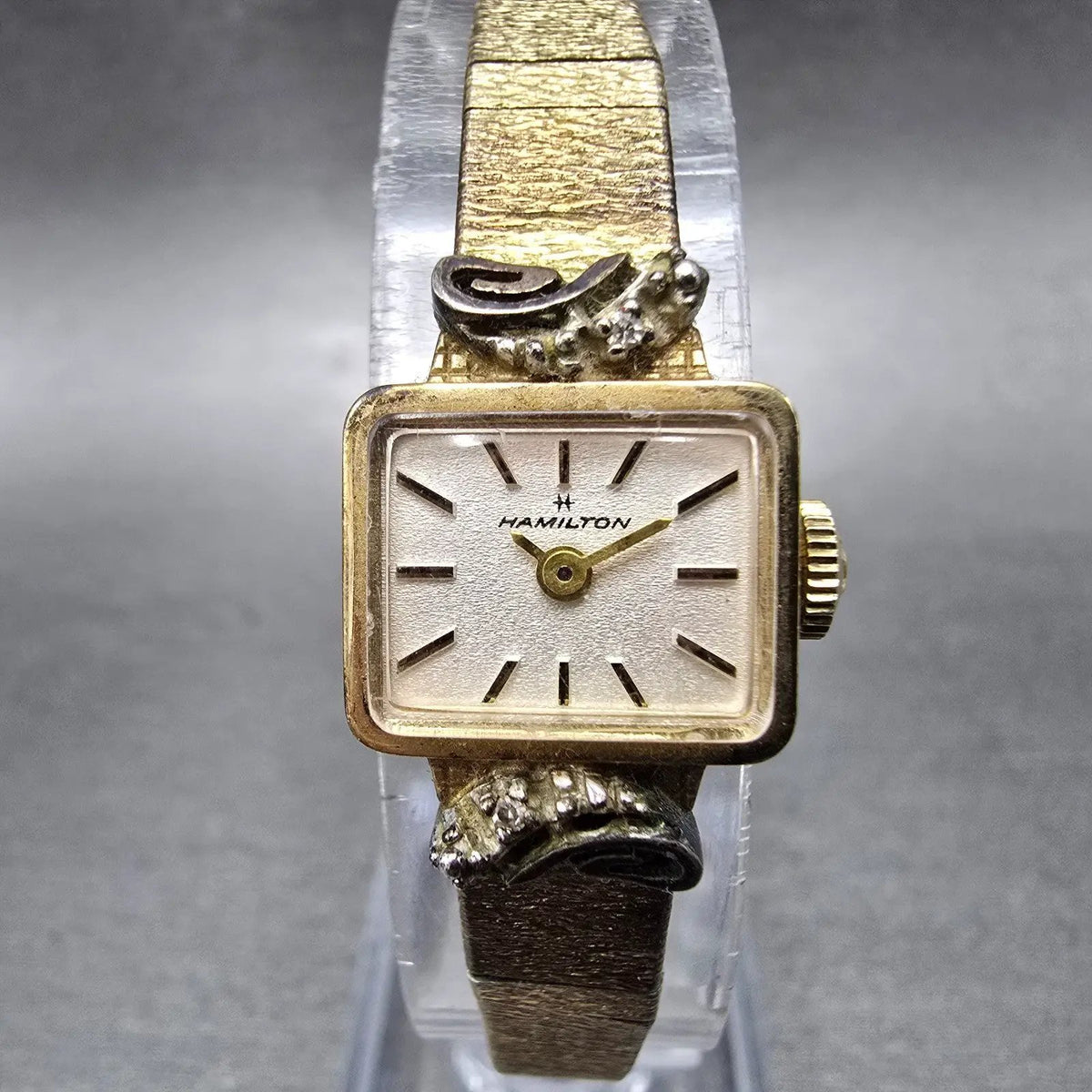 Hamilton Watch Women 15mm White Dial Gold Plated Diamonds Oval New Battery VTG0