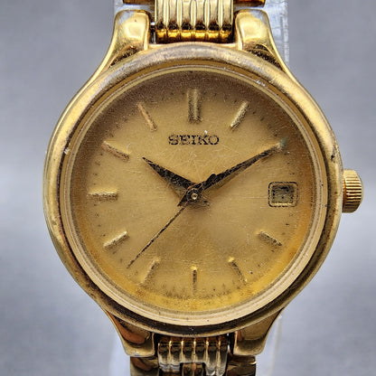 Seiko Watch Women 23mm Champagne Dial Gold Tone Date Round 7N820228 New Battery1