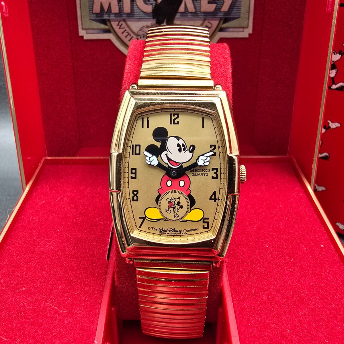 Seiko Mickey Mouse Watch Men 27mm Gold Dial Gold Tone 2K03-5009 New Battery1