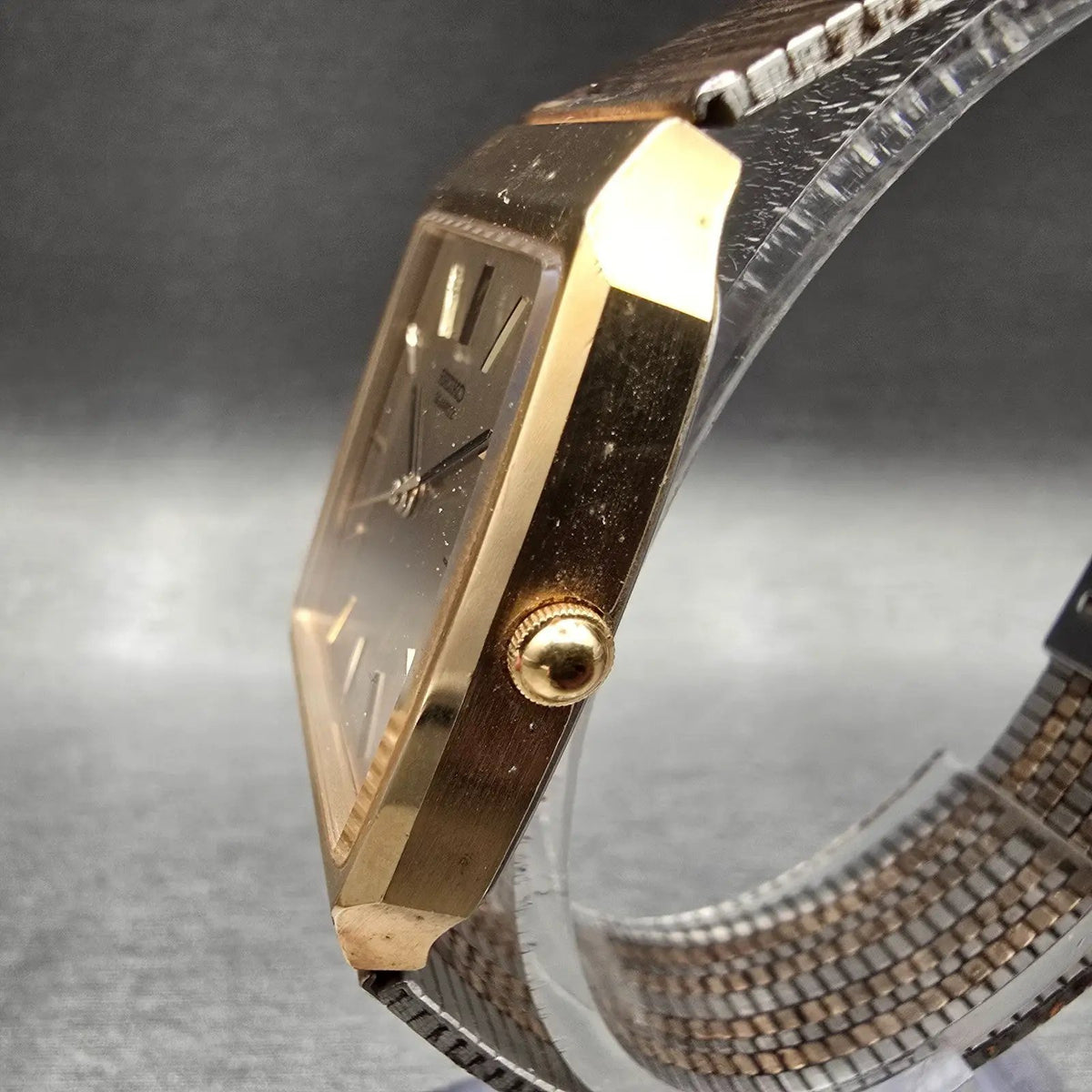 Seiko Watch Men 30mm Gold Dial Gold Tone Rectangle 7810-5089 New Battery Vintage2