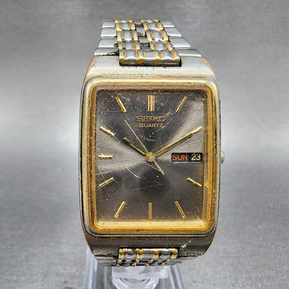 VTG Seiko Tank Watch Men 28mm Gray Dial Two Tone Daydate Rectangle New Battery