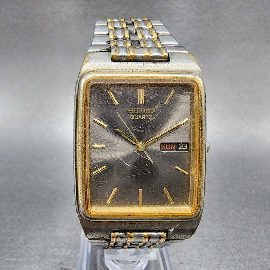 VTG Seiko Tank Watch Men 28mm Gray Dial Two Tone Daydate Rectangle New Battery