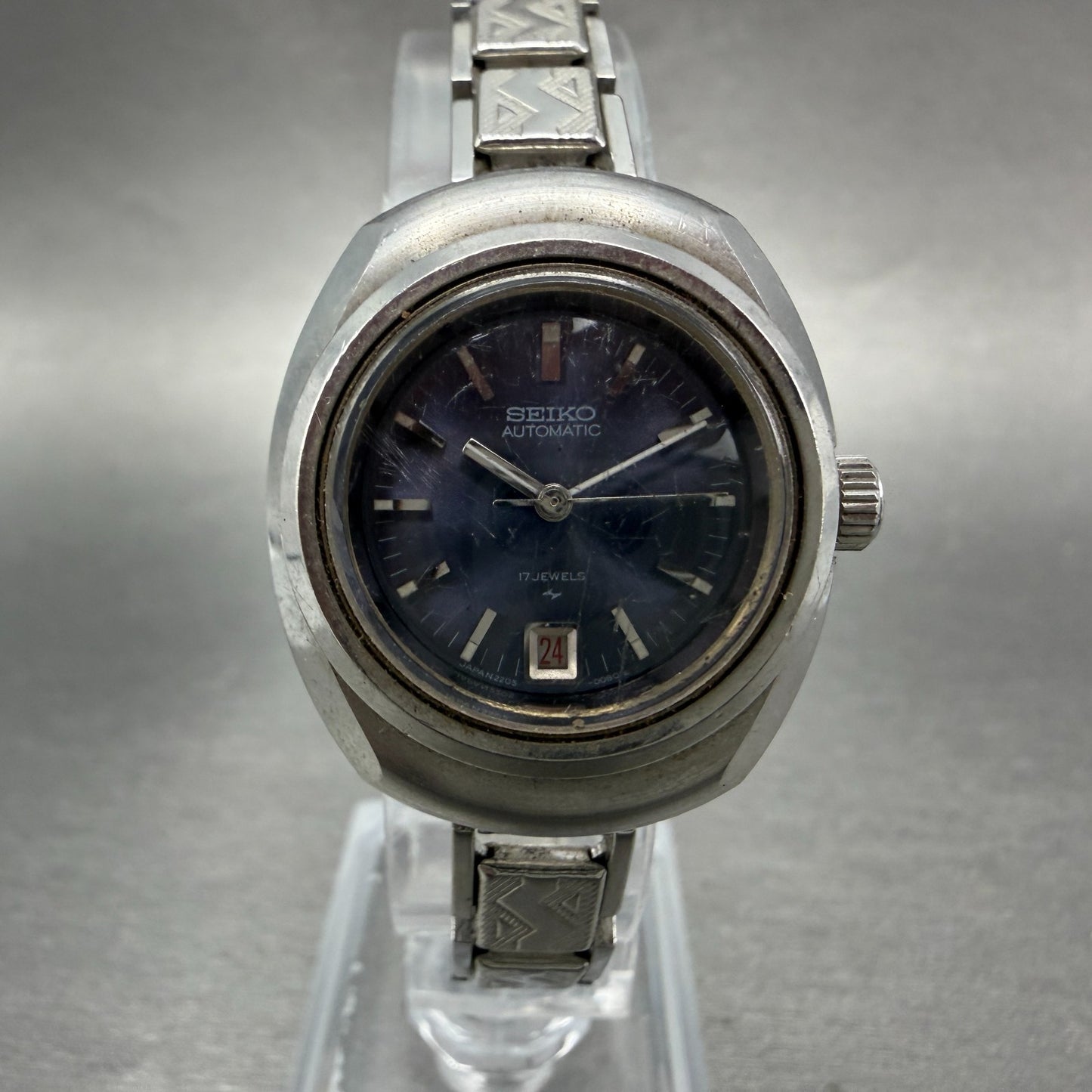 Seiko Automatic Watch Women 28mm Blue Dial Silver Tone Date 2205-0030 Runs0