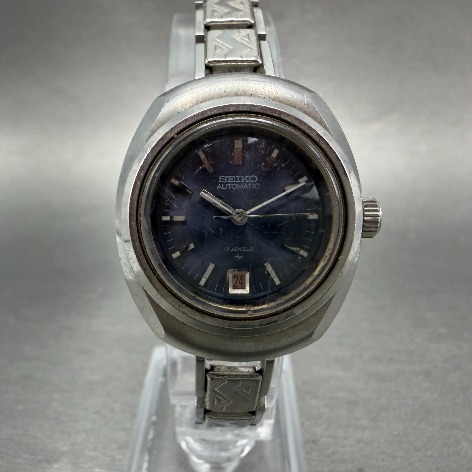 Seiko Automatic Watch Women 28mm Blue Dial Silver Tone Date 2205-0030 Runs0