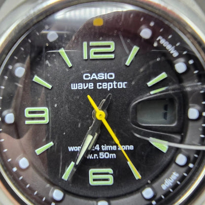Casio Waveceptor WVQ-201HA Watch Men 41mm Black Dial Silver Tone Date Solar Runs2