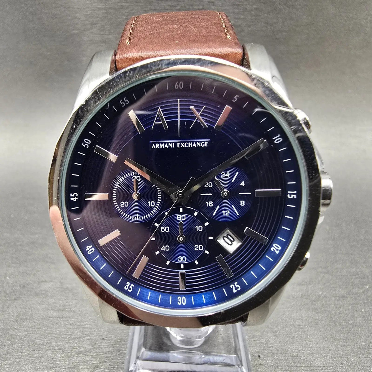 Armani Exchange Chronograph Watch Men 44mm Blue Dial Silver Date New Battery0
